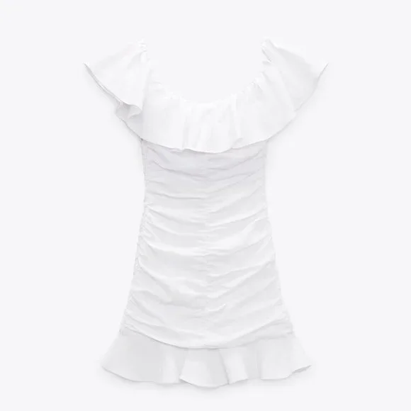 ZARA WHITE LINEN BLEND DRAPED DRESS WITH RUFFLES - Picture 5 of 10